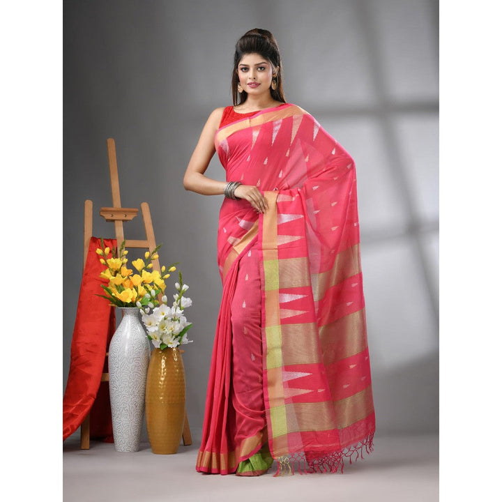 CHARUKRITI Coral Texture Motifs Cotton Zari Border Saree with Unstitched Blouse