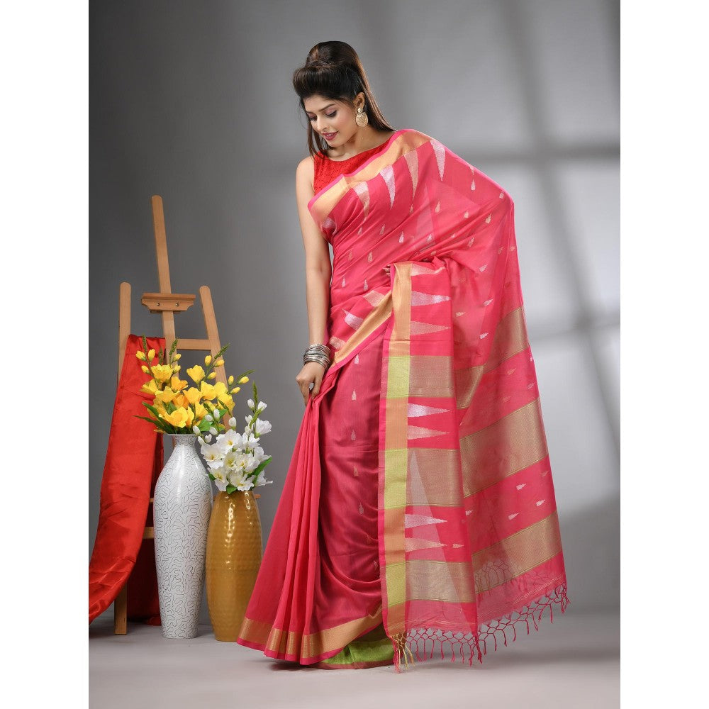 CHARUKRITI Coral Texture Motifs Cotton Zari Border Saree with Unstitched Blouse