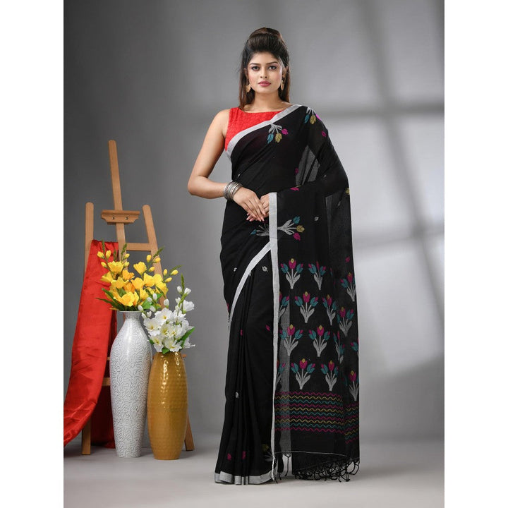 CHARUKRITI Black Cotton Handwoven Tulip Motifs with Unstitched Blouse