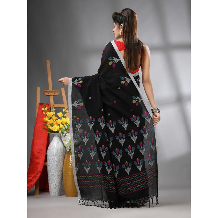 CHARUKRITI Black Cotton Handwoven Tulip Motifs with Unstitched Blouse