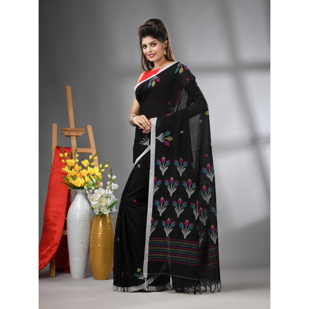 CHARUKRITI Black Cotton Handwoven Tulip Motifs with Unstitched Blouse