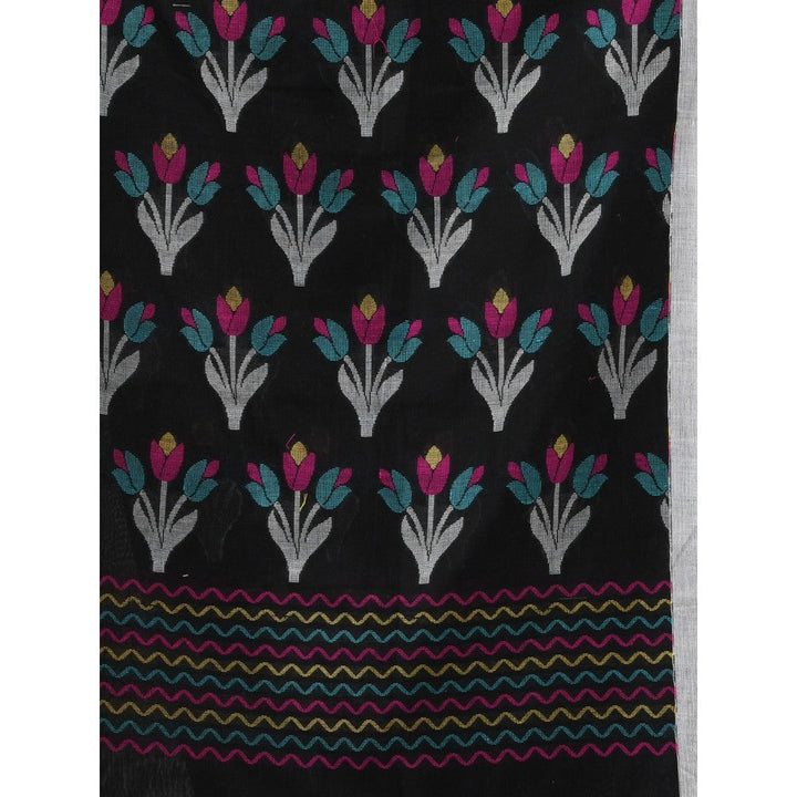 CHARUKRITI Black Cotton Handwoven Tulip Motifs with Unstitched Blouse