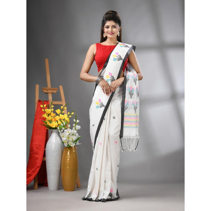 CHARUKRITI White Cotton Handwoven Tulip Motifs with Unstitched Blouse