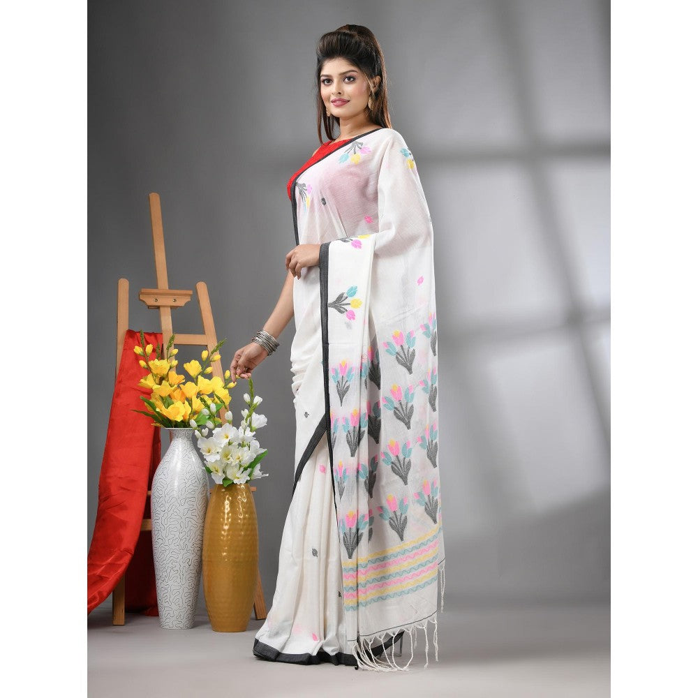 CHARUKRITI White Cotton Handwoven Tulip Motifs with Unstitched Blouse