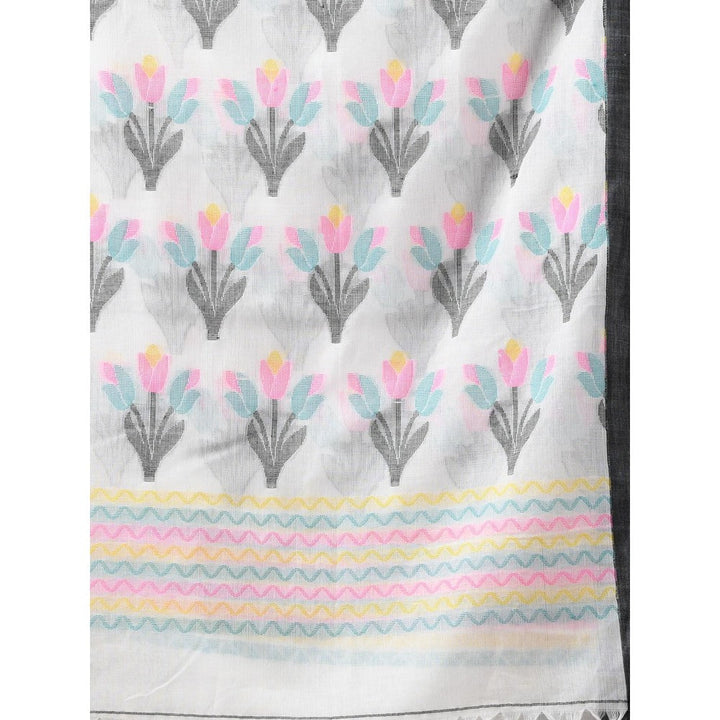 CHARUKRITI White Cotton Handwoven Tulip Motifs with Unstitched Blouse