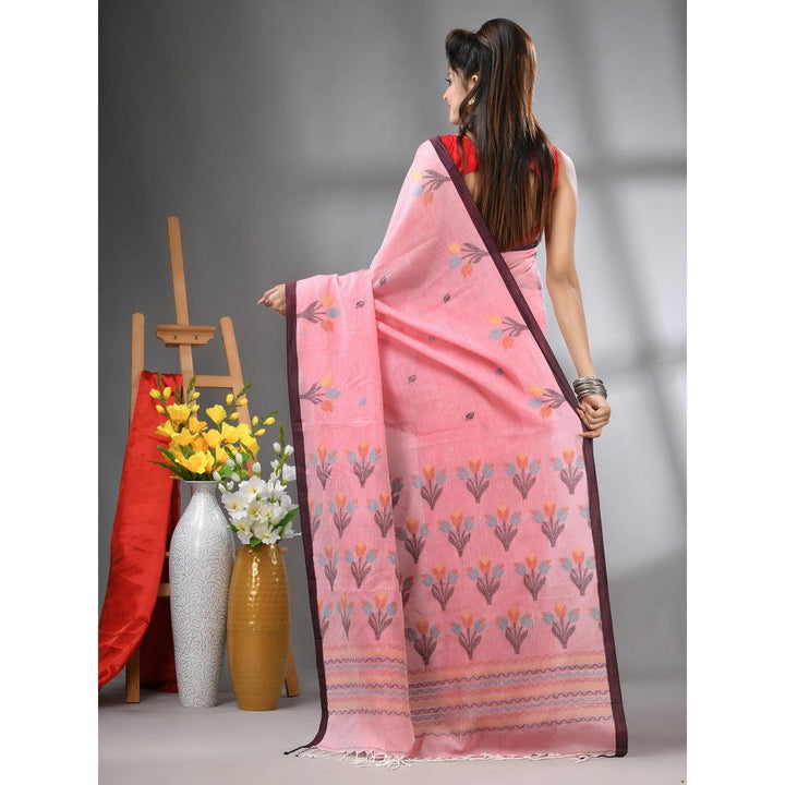 CHARUKRITI Peach Cotton Handwoven Tulip Motifs with Unstitched Blouse