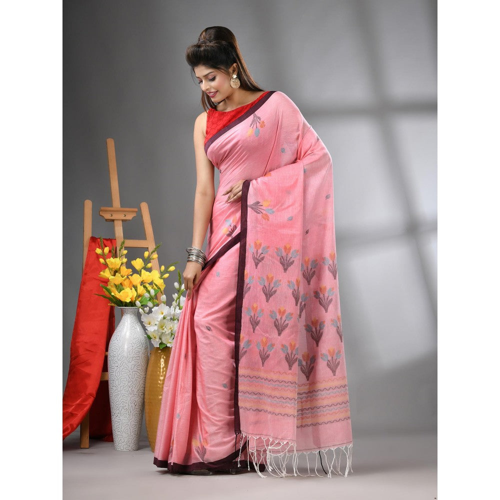 CHARUKRITI Peach Cotton Handwoven Tulip Motifs with Unstitched Blouse