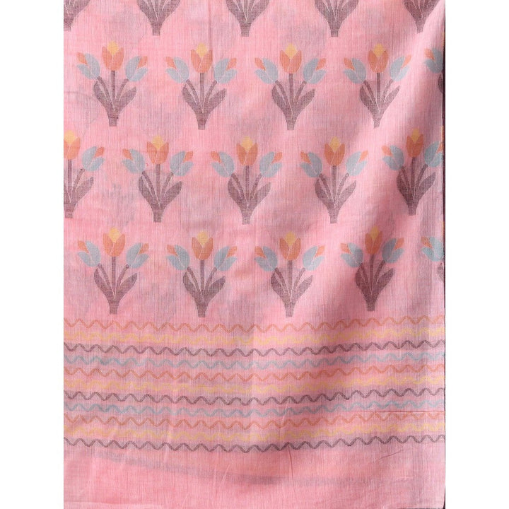 CHARUKRITI Peach Cotton Handwoven Tulip Motifs with Unstitched Blouse