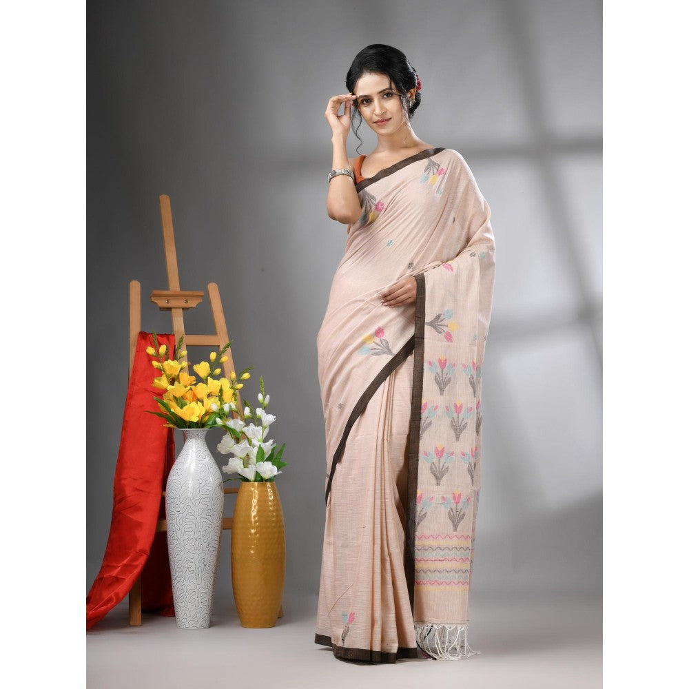 CHARUKRITI Ecru Cotton Handwoven Tulip Motifs with Unstitched Blouse