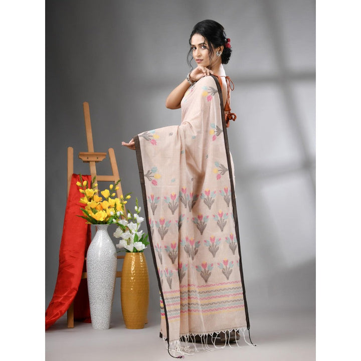 CHARUKRITI Ecru Cotton Handwoven Tulip Motifs with Unstitched Blouse