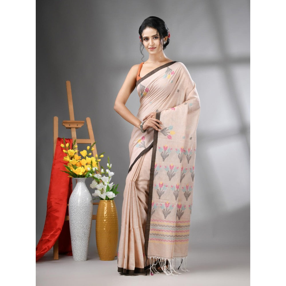 CHARUKRITI Ecru Cotton Handwoven Tulip Motifs with Unstitched Blouse