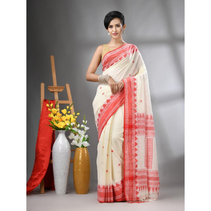 CHARUKRITI Off White Cotton Handwoven Texture Design Saree with Unstitched Blouse