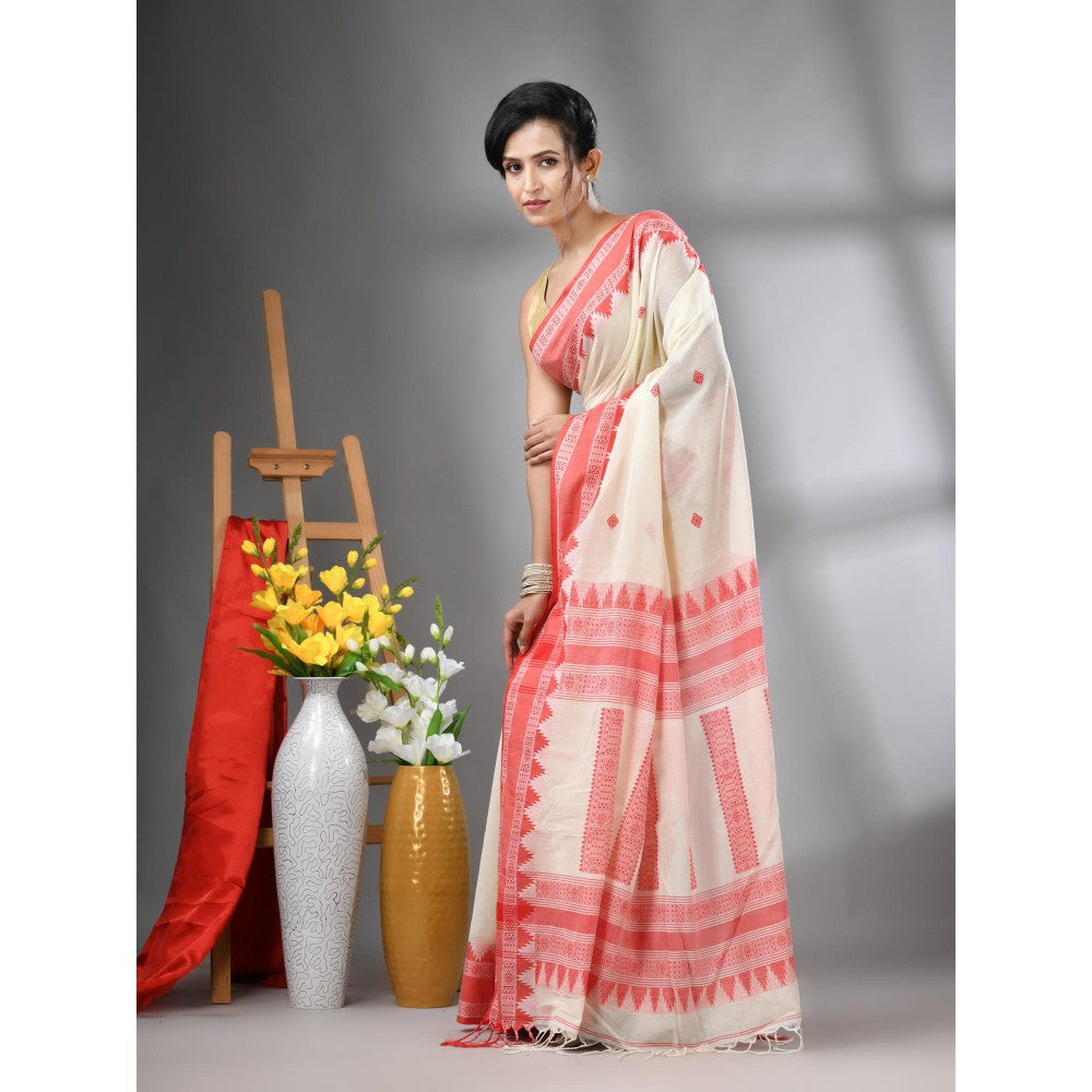 CHARUKRITI Off White Cotton Handwoven Texture Design Saree with Unstitched Blouse