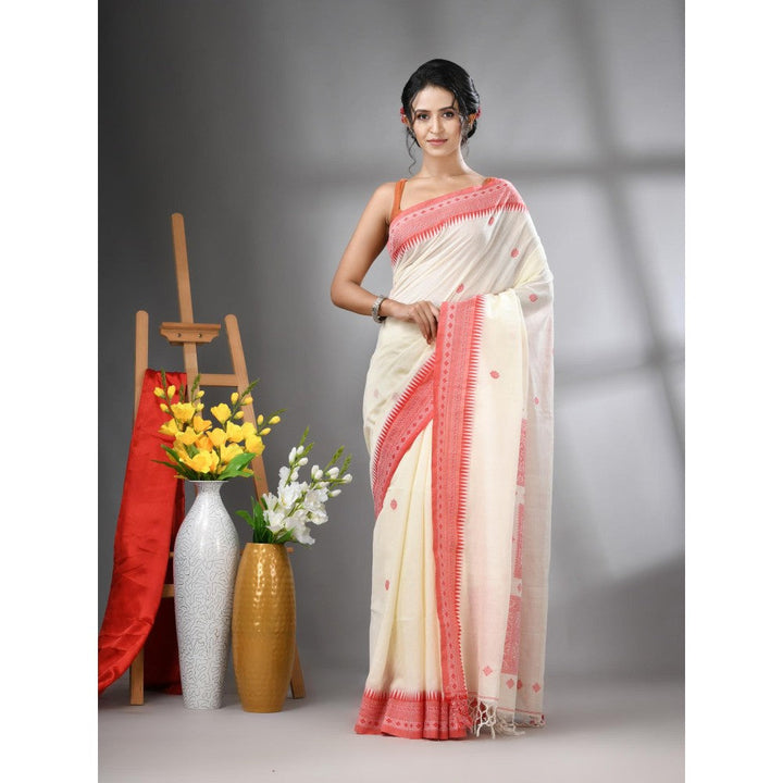 CHARUKRITI Off White Cotton Handwoven Texture Design Saree with Unstitched Blouse