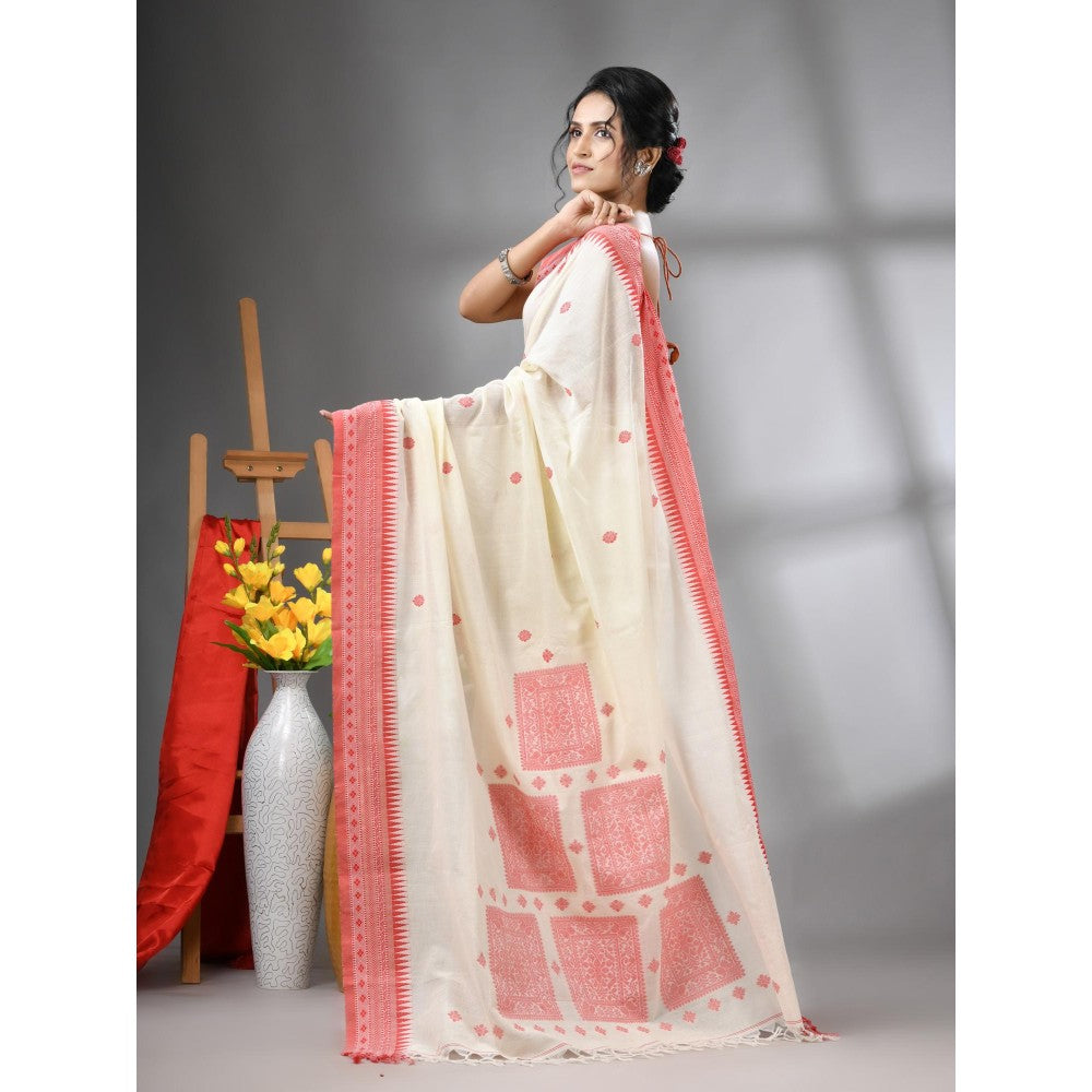 CHARUKRITI Off White Cotton Handwoven Texture Design Saree with Unstitched Blouse