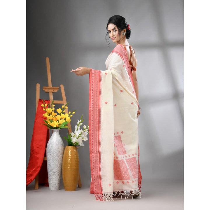 CHARUKRITI Off White Cotton Handwoven Texture Design Saree with Unstitched Blouse