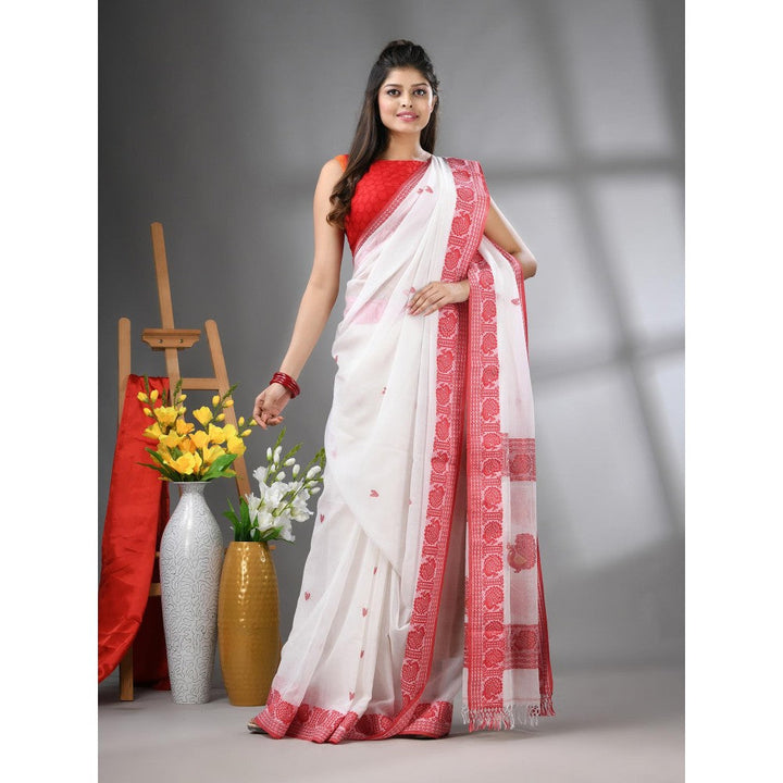 CHARUKRITI White Cotton Handwoven Peacock Design Saree with Unstitched Blouse