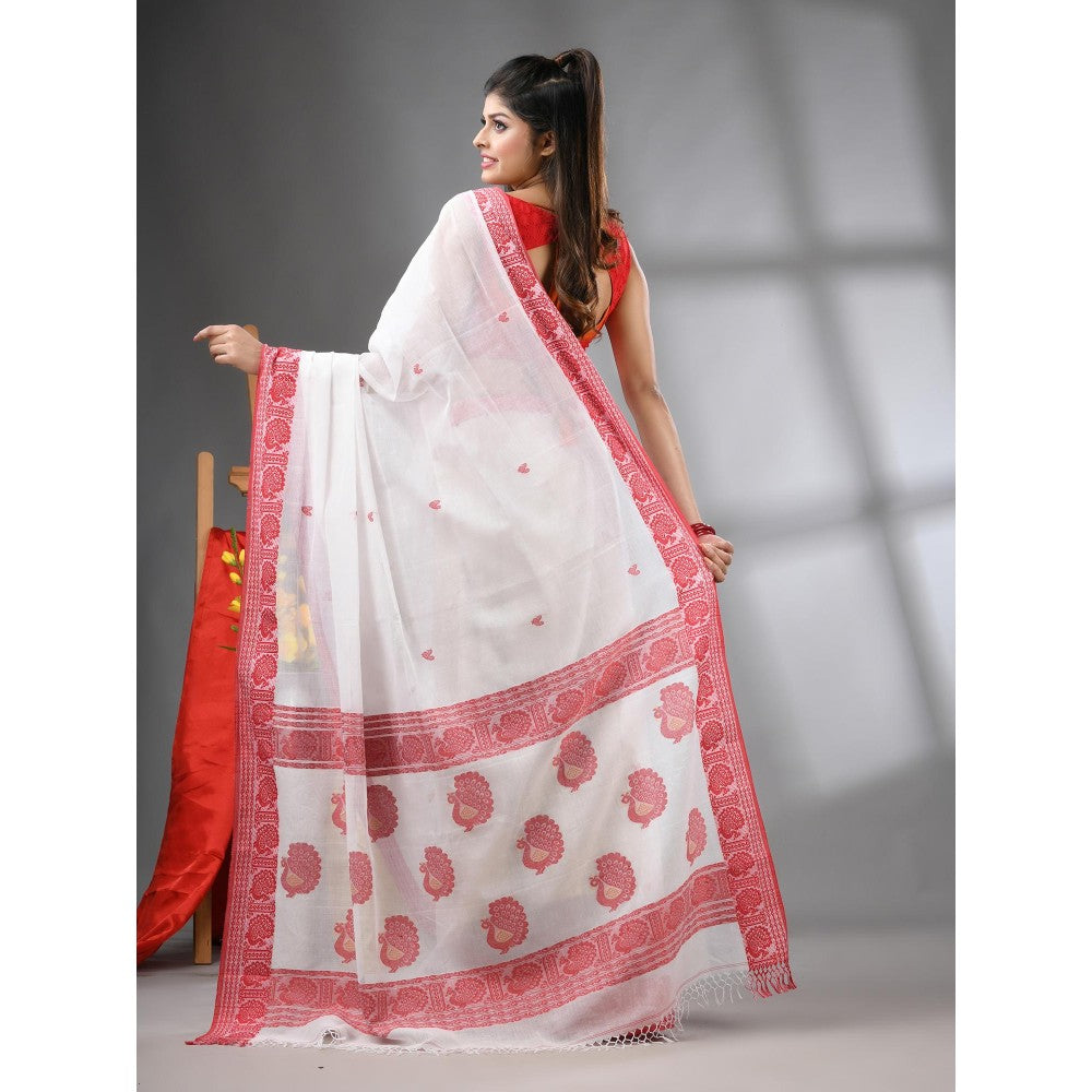 CHARUKRITI White Cotton Handwoven Peacock Design Saree with Unstitched Blouse