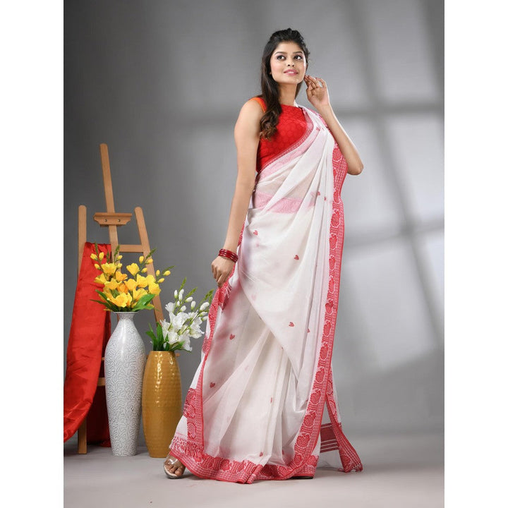 CHARUKRITI White Cotton Handwoven Peacock Design Saree with Unstitched Blouse