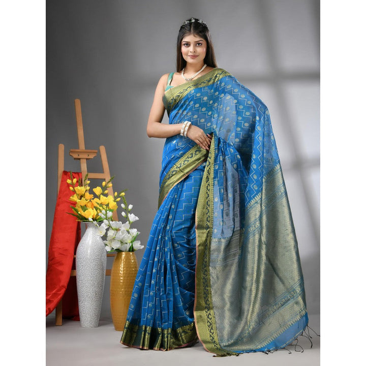 CHARUKRITI Sky Blue Cotton Blend Texture Design Saree with Unstitched Blouse