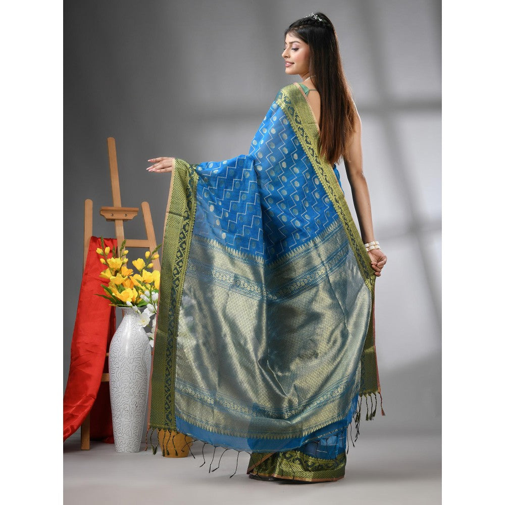 CHARUKRITI Sky Blue Cotton Blend Texture Design Saree with Unstitched Blouse