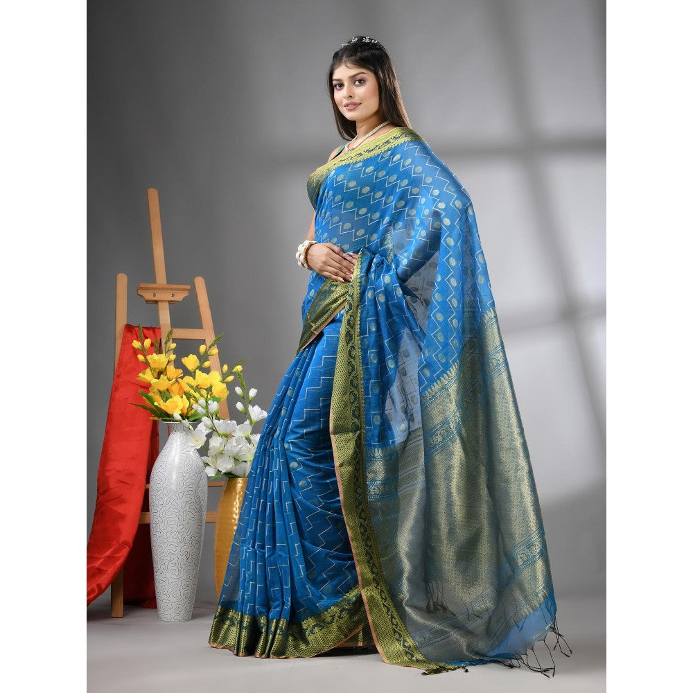 CHARUKRITI Sky Blue Cotton Blend Texture Design Saree with Unstitched Blouse