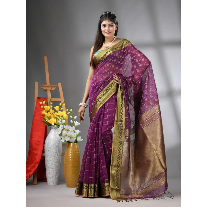 CHARUKRITI Purple Cotton Blend Texture Design Saree with Unstitched Blouse