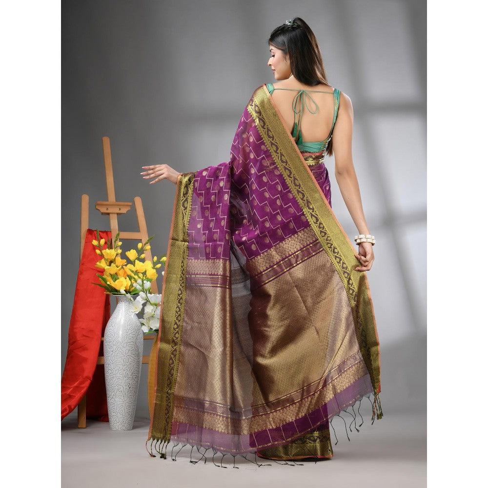 CHARUKRITI Purple Cotton Blend Texture Design Saree with Unstitched Blouse