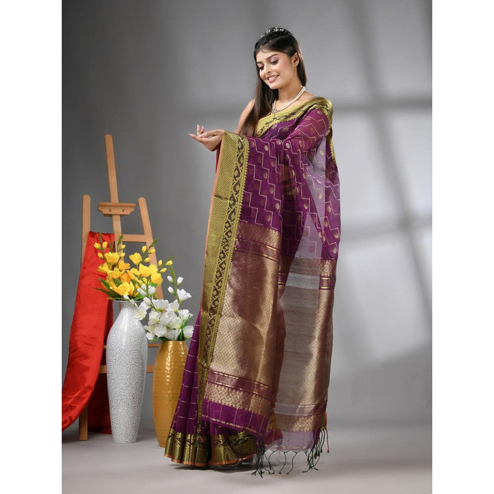 CHARUKRITI Purple Cotton Blend Texture Design Saree with Unstitched Blouse