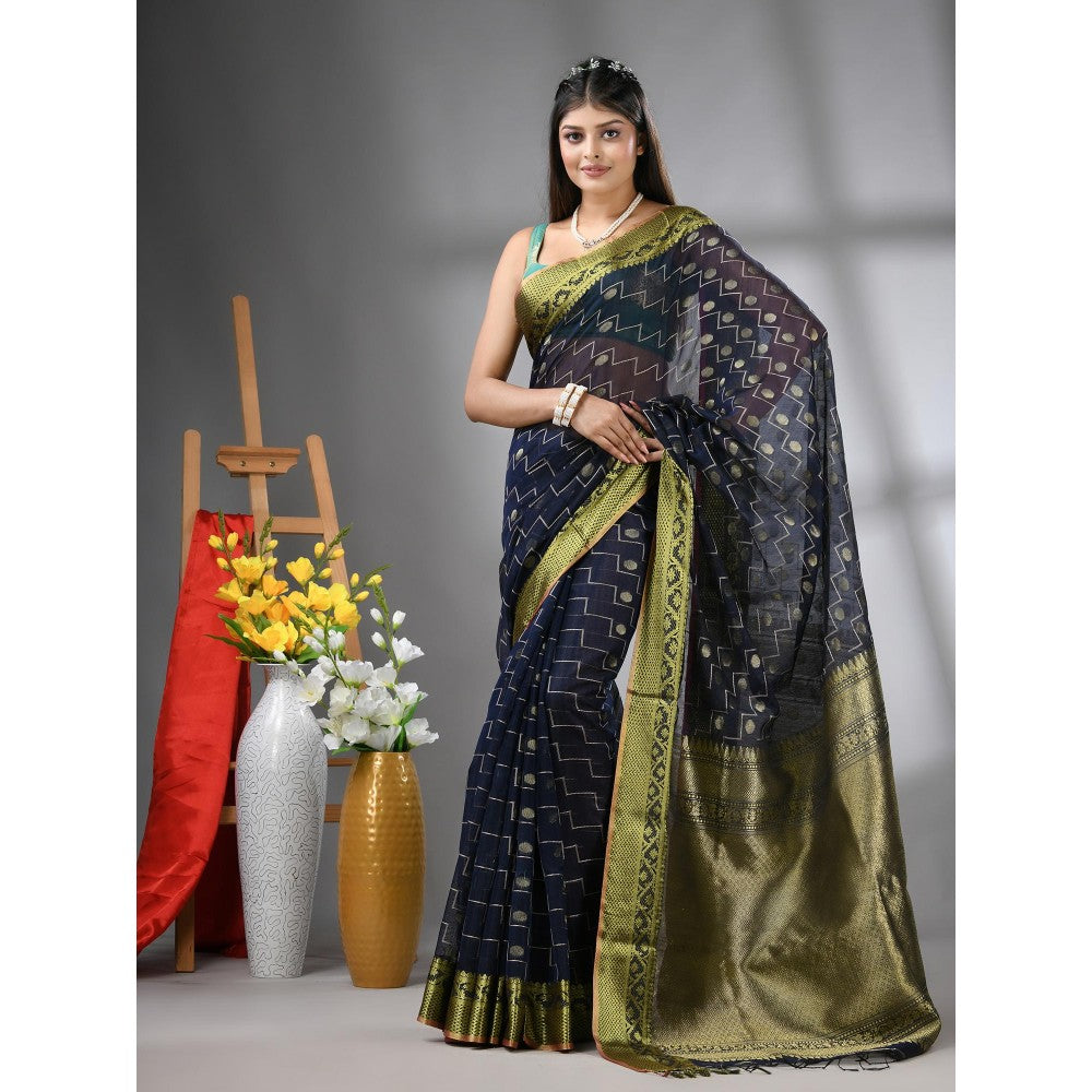 CHARUKRITI Navy Blue Cotton Blend Texture Design Saree with Unstitched Blouse