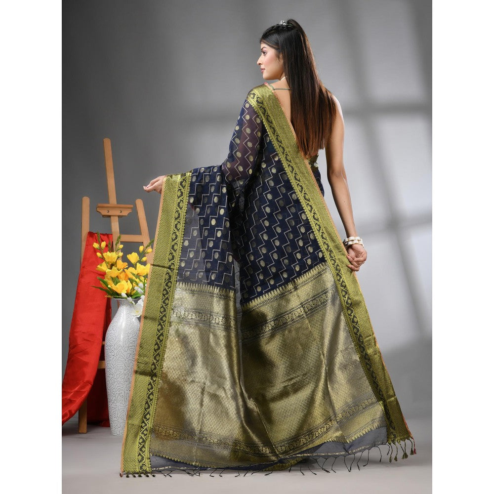 CHARUKRITI Navy Blue Cotton Blend Texture Design Saree with Unstitched Blouse