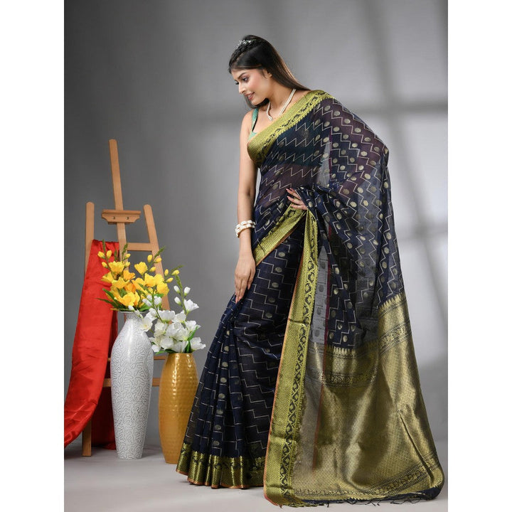 CHARUKRITI Navy Blue Cotton Blend Texture Design Saree with Unstitched Blouse