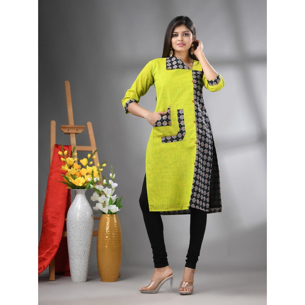 CHARUKRITI Lime Green Cotton Printed Straight Kurta