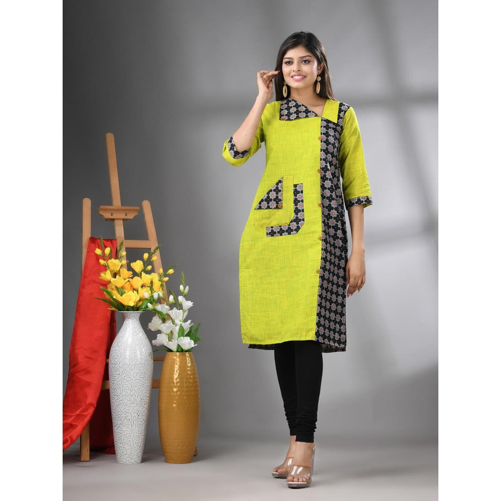 CHARUKRITI Lime Green Cotton Printed Straight Kurta