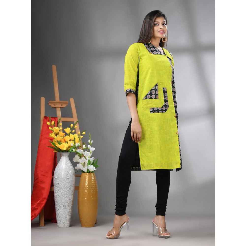 CHARUKRITI Lime Green Cotton Printed Straight Kurta