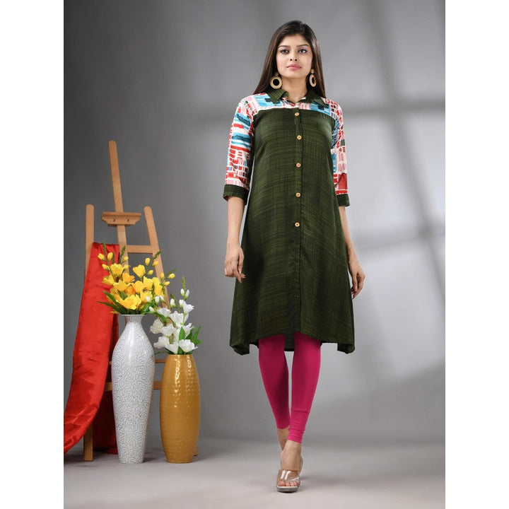 CHARUKRITI Moss Green Rayon Printed A-Line Kurta