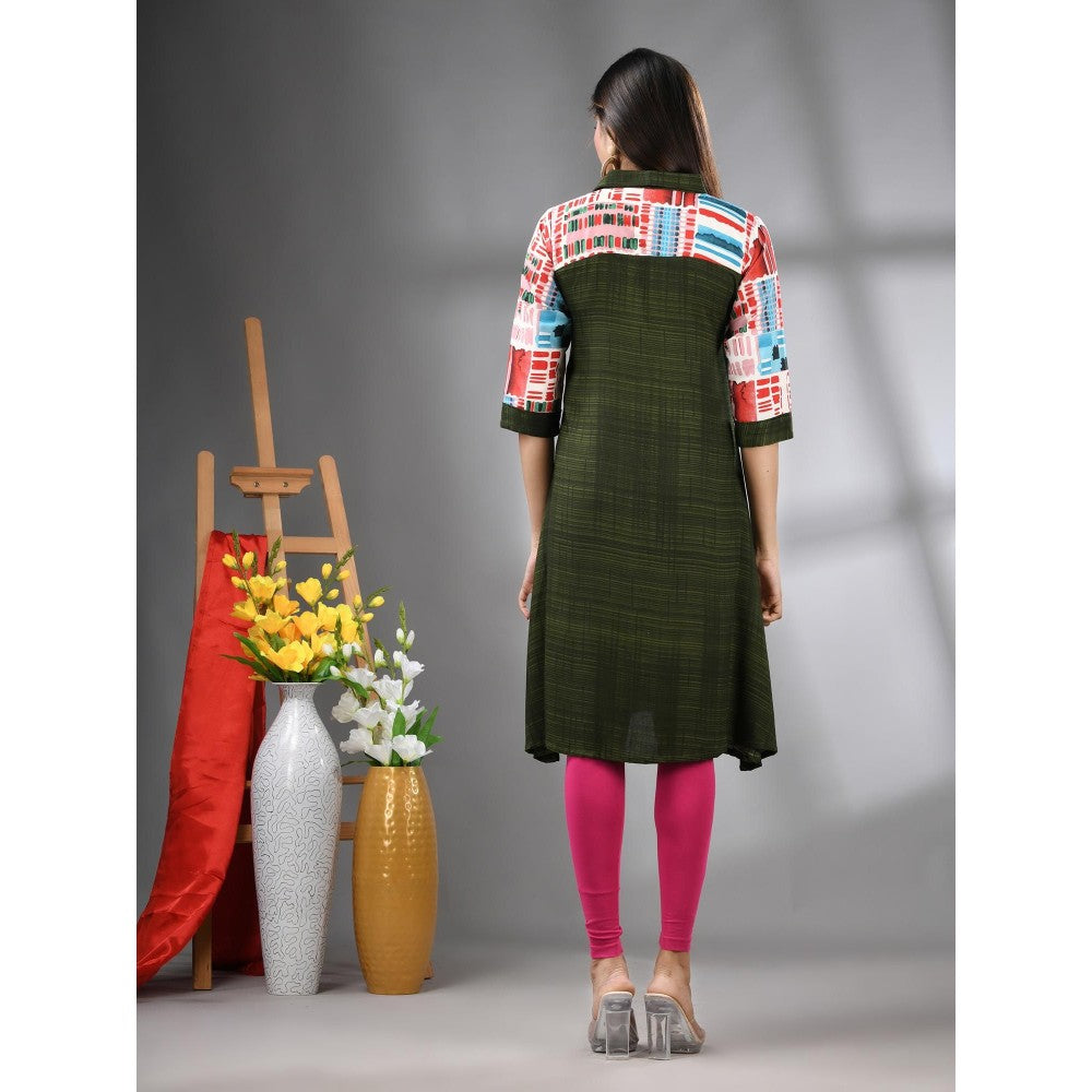 CHARUKRITI Moss Green Rayon Printed A-Line Kurta