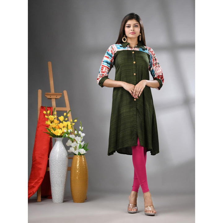 CHARUKRITI Moss Green Rayon Printed A-Line Kurta