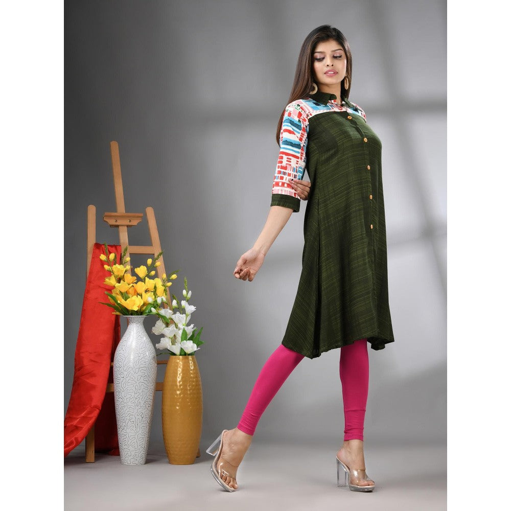 CHARUKRITI Moss Green Rayon Printed A-Line Kurta