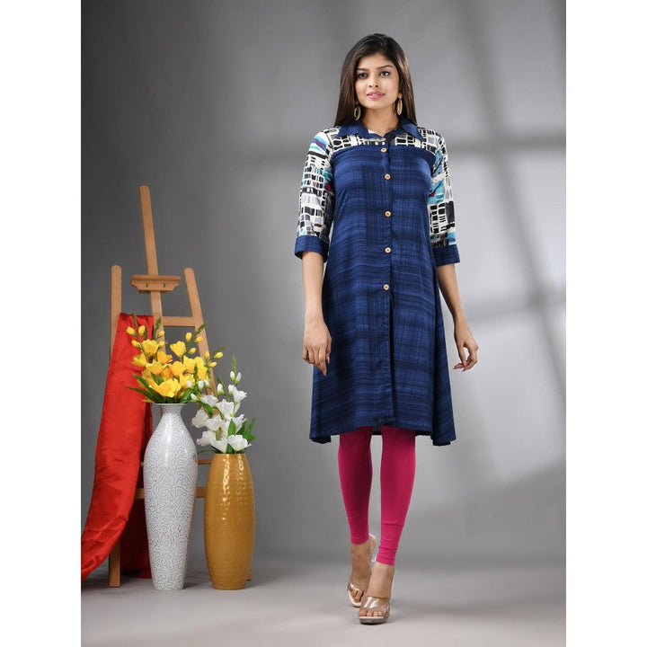 CHARUKRITI Navy Blue Rayon Printed A-Line Kurta