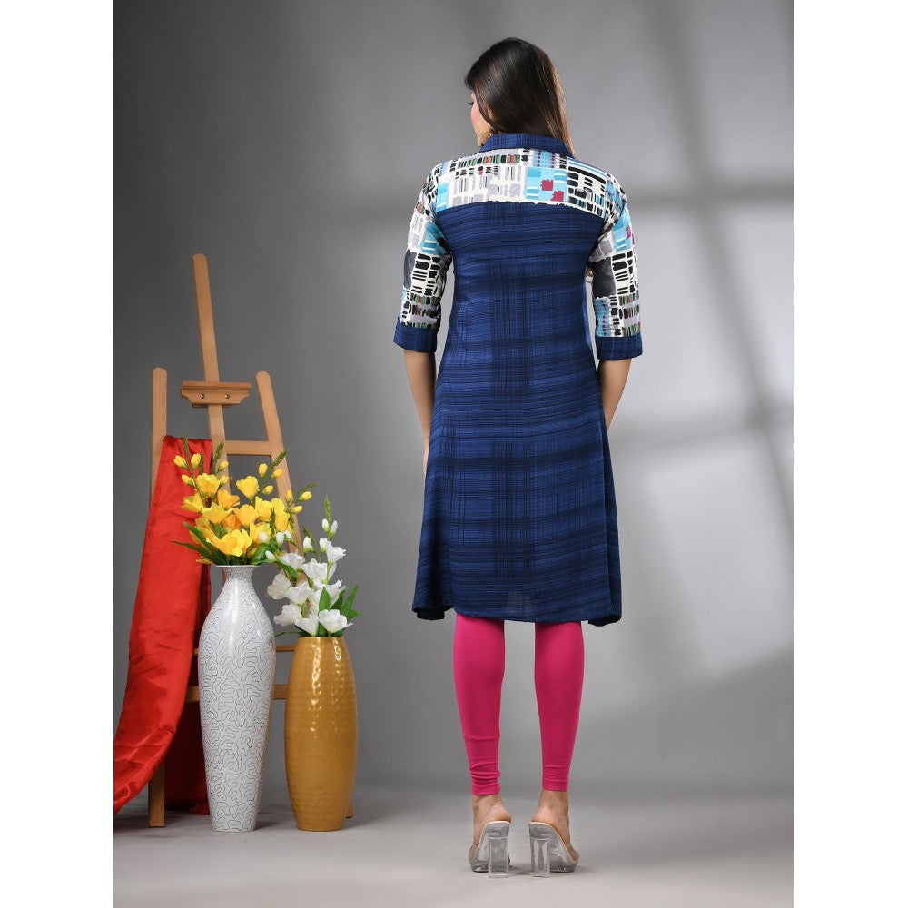 CHARUKRITI Navy Blue Rayon Printed A-Line Kurta