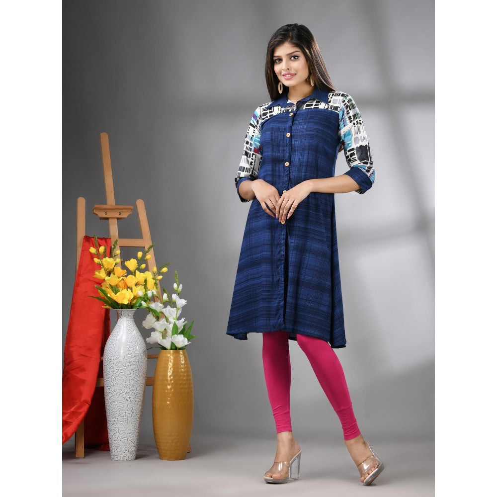 CHARUKRITI Navy Blue Rayon Printed A-Line Kurta