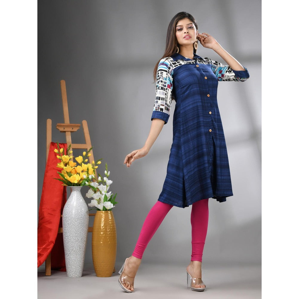 CHARUKRITI Navy Blue Rayon Printed A-Line Kurta