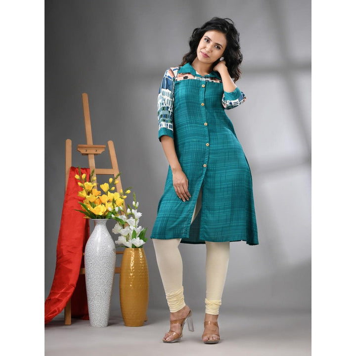 CHARUKRITI Turquoise Rayon Printed A-Line Kurta