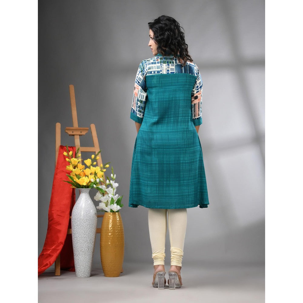 CHARUKRITI Turquoise Rayon Printed A-Line Kurta