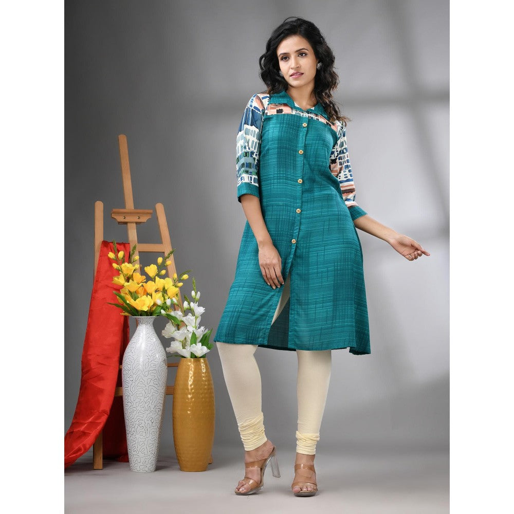 CHARUKRITI Turquoise Rayon Printed A-Line Kurta