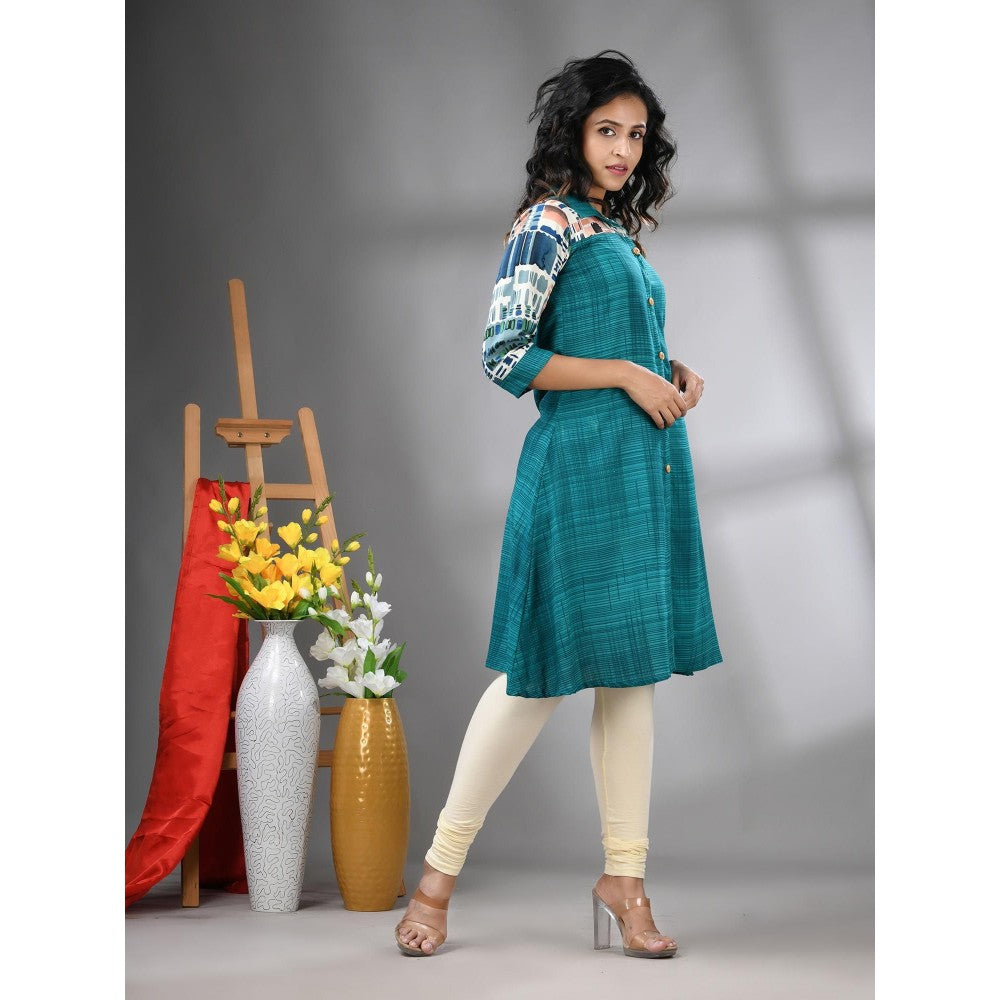 CHARUKRITI Turquoise Rayon Printed A-Line Kurta