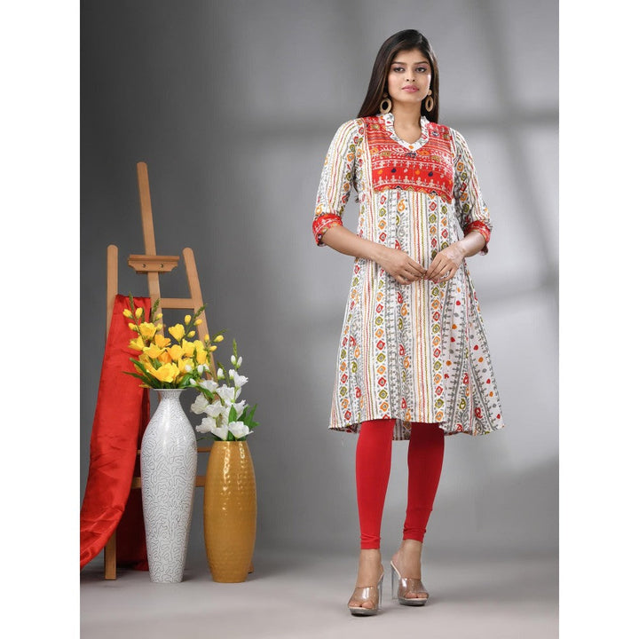 CHARUKRITI White Cotton Printed A-Line Kurta with Sequence Work