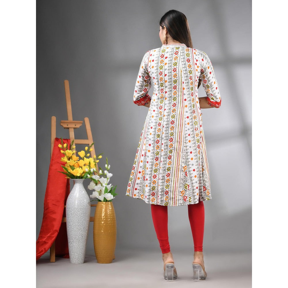 CHARUKRITI White Cotton Printed A-Line Kurta with Sequence Work