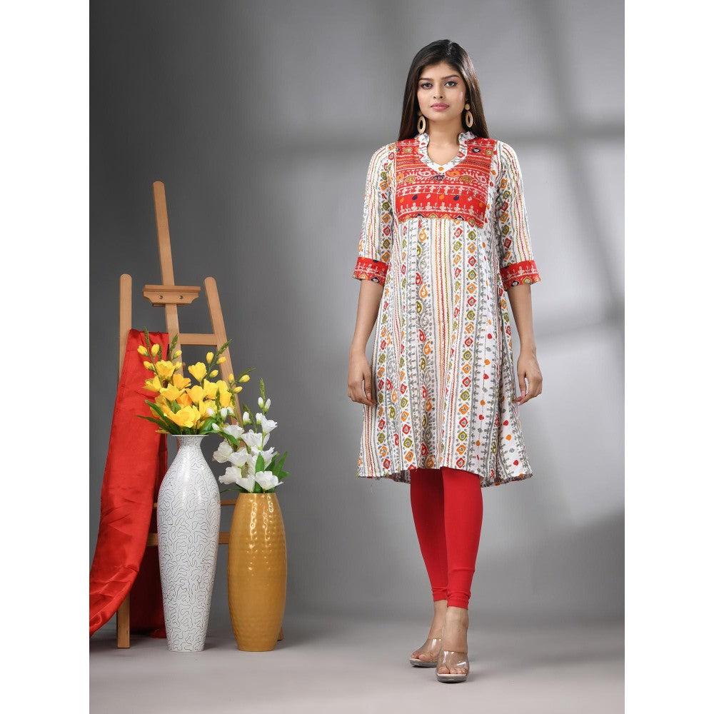 CHARUKRITI White Cotton Printed A-Line Kurta with Sequence Work